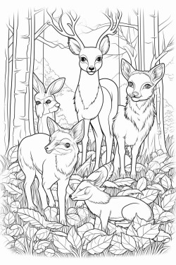 a happy lion deer rabbit fox and squirrel all together in a forest setting can you generates images colouring book