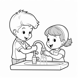 two kids drinking water from a tap