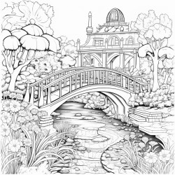 a whimsical garden with lots of flowers and trees and a pond and a bridge in the middle
