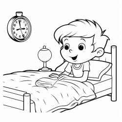 a 3 year old boy sleeping on his bed and there is clock on wall where time is 10 pm keep less details regarding room