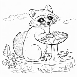 raccoon on a mushroom eating breakfast