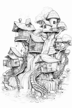 elves village with little treehouses and flying elves