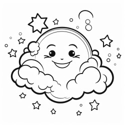 a serene planet with a ring system adorned with cute clouds and a smiling sun