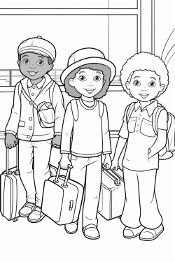 a small african american boy an asian girl and a caucasian girl with luggage in an airport terminal