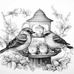 singing bluebirds drink freshly brewed coffee at a breakfast table in a forested magical woodland near their nest