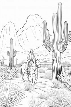 beautiful western landscape with a cowgirl riding a horse detailed cacti and mountains