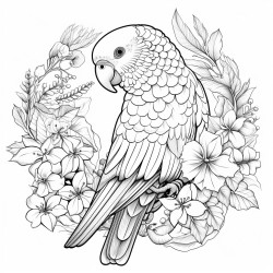a parakeet with flowers and berries in mandala style