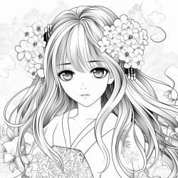 anime style detailed feminine kimono girl with big eyes and shiny long hair