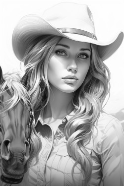 a cowgirl thats riding a draft horse and her face is hidden by her hat