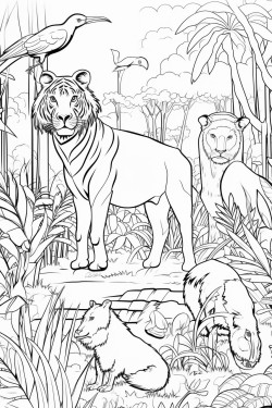 a vibrant scene showing a variety of forest and jungle endangered animals in their natural habitats