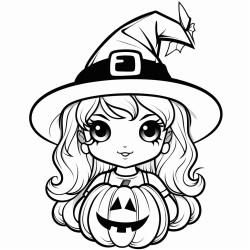 girl with a pumpkin head and witch hat