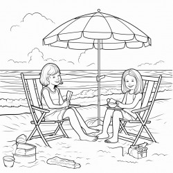 kids at the beach with their supplies by their chair under a umbrella