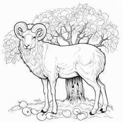 simple black and white line drawing crayon coloring page style anima style large ram turning left on his hind legs slightly facing left around large apple tree his head looking down to his right