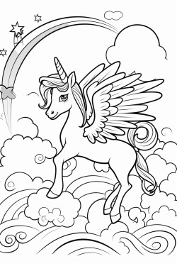 winged unicorns fly in the clouds behind there is a rainbow