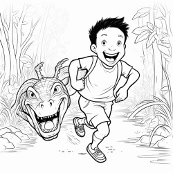 a terrified boy running from a smirking crocodile in the jungle
