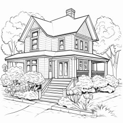 black and white detailed line drawing of a cottage style home exterior high attention to details