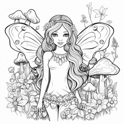 fairy with long hair and wings in the woods with mushrooms and pretty flowers