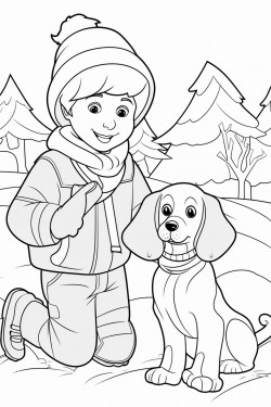 long haired daschund with bandana and toddler boy playing in the snow