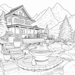 mountainous property ranch house with several cats playing outside near birdbath and simple yard plants