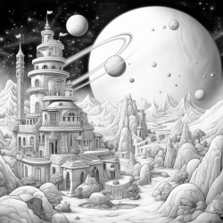 bulidings mixed with saturn and stars that bring nostalga