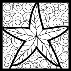 mosaic of starfish in front of seaweed 16 colors 100 curved segments bold black lines no details no grayscale no shadows coloring page