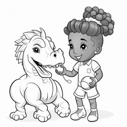 a little black girl with two puff ball pony tails playing with a dinosaur