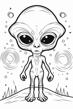 coloring page image with white background and sharp black lines with no grey areas.funny  and scary weird individual alien creature images  with some background. moons