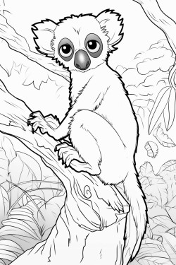 an indri lemur clinging to a tree trunk in the rainforest with smaller trees and birds in the background