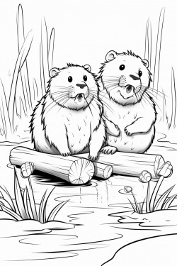 2 beavers in a wetland one is doing aquafit and the other is eating and really big can you please generate that image