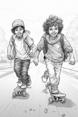 two boys racing on skateboards