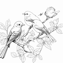 create a blackandwhite coloring page featuring birds perched on tree branches the birds should have bold clear outlines with large wings and simple features for easy coloring the branches should be detailed but uncluttered allowing for large spaces between the leaves and birds