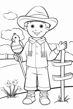 create a simple bold line drawing for a childrens coloring book featuring a scarecrow with animals in the farm