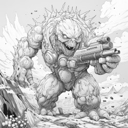 monster made of lava shooting a lava minigun