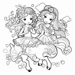 2 fairies riding unicorns wearing dresses with a bunny