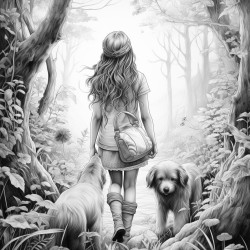 dog that is walking in the forest and a girl