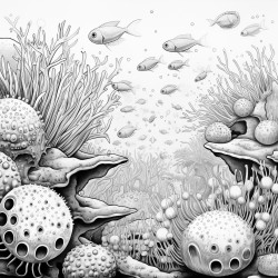underwater scene of miniscule microbes are scattered randomly but in the center is a large virus particle