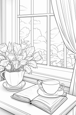a cute tea time by the window coloring bookvector white background black and white black drawing coloring page