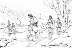 native americans crossing a river on foot using a grapevine as a rope to keep them connected