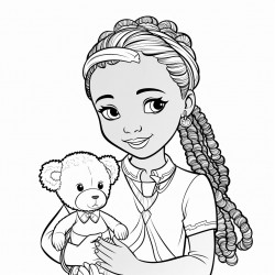 african american young girl with 2 ponytail braids playing with a doll