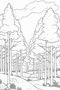 black and white coloring book drawing only thick outlines no grayscale or color for kids cartoon style forest