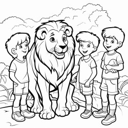 a group of children at the zoo looking at the lions