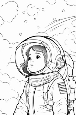 a girl in an astronaut costume looking up at the sky