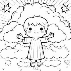 god with his hands extended creating light standing on clouds in a kawaii style drawing