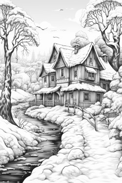 winter village scene with sun