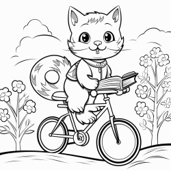 a cat riding a bicycle up a hill of books