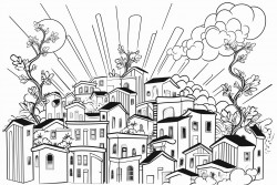 an image showing a growing economy with some positive and negative impacts of growth