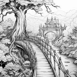suspension bridge and the river at the forest