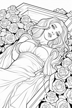 vampire in flowing white gown looking at viewer lying in coffin filled overflowing with white roses