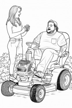overweight man on riding lawnmower with a beer bottle in hand cigarette in mouth bikini girl giving him backrub