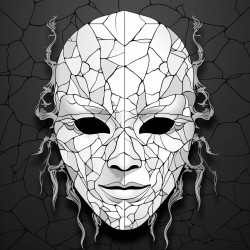 a cracked porcelain mask with intricate gothic patterns hanging on a wall in a dark chamber